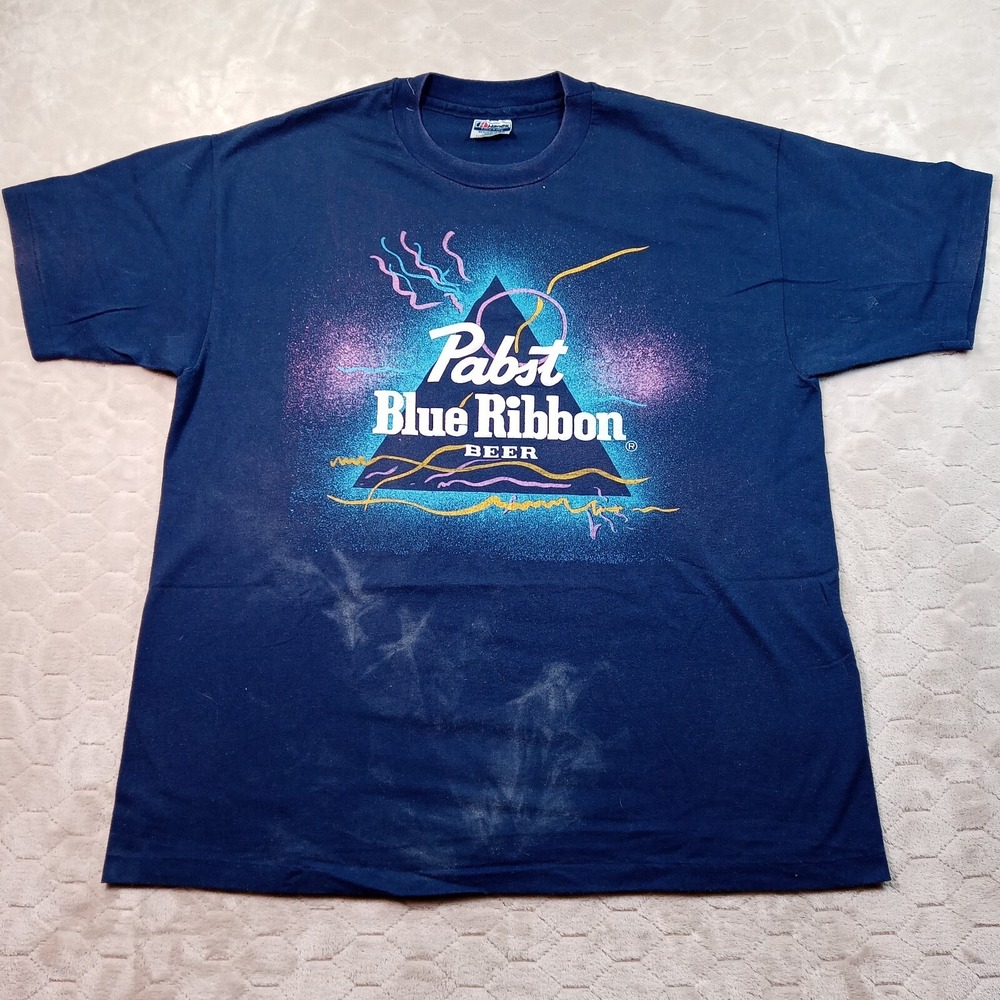 VTG 80s Pabst Blue Ribbon Shirt Puff Print Sz XL Single Stitch SUN‎ FADED Look
